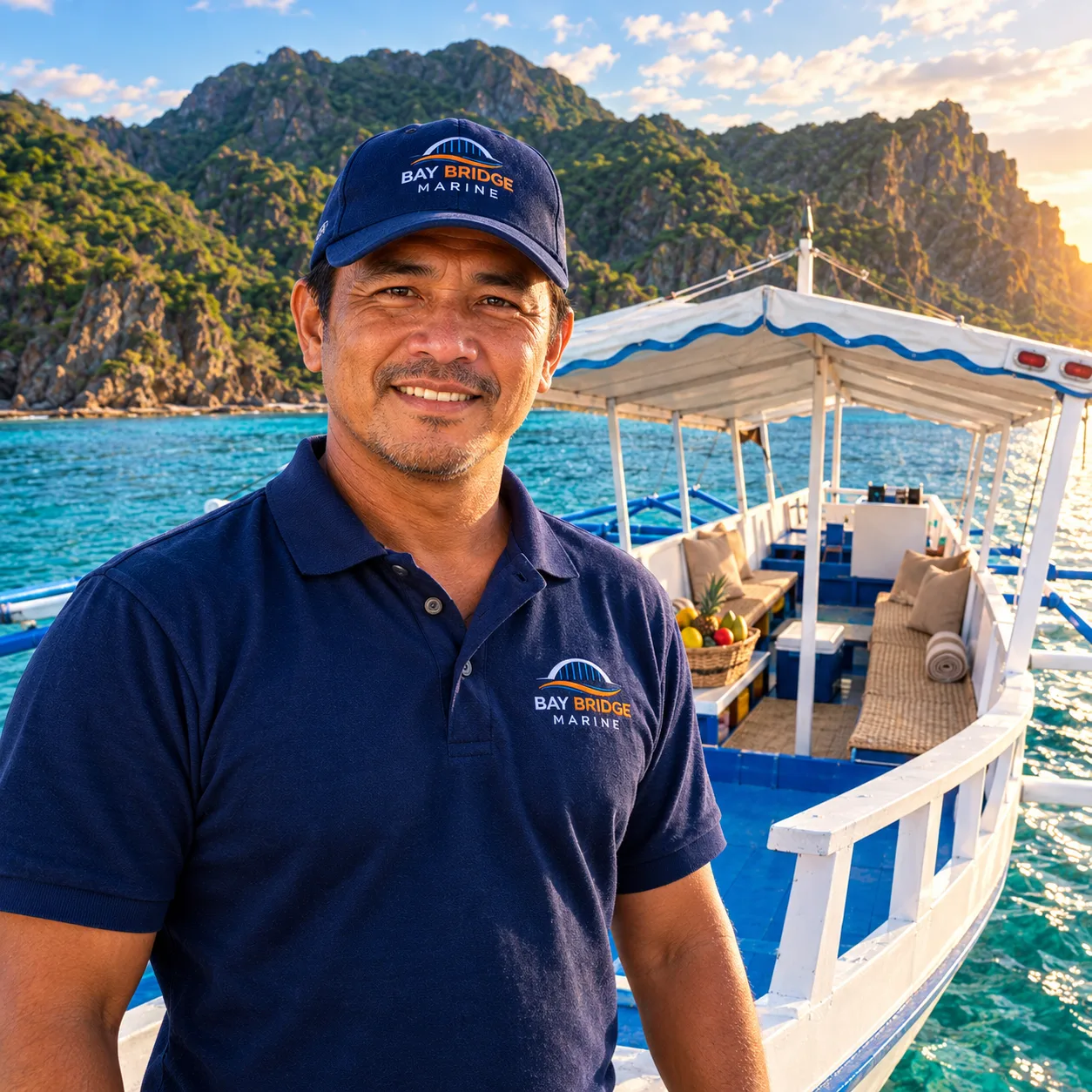 Local Filipino boat captain operating a traditional outrigger boat in Mariveles, Bataan.